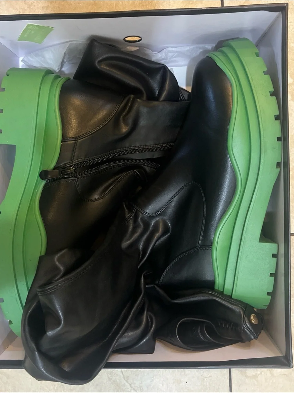 Azalea Wang Naomi Black Over-the-Knee Boots with Green Lug Sole size 9
